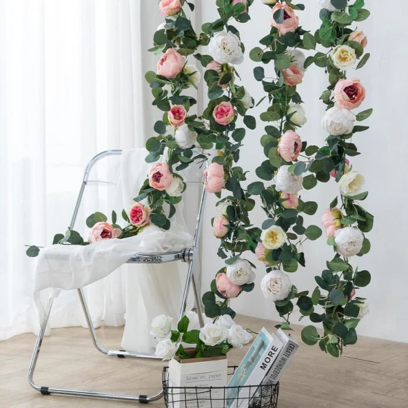 Nettenevime Yapay Çiçek Sarkan Ve Dolanan Krem Somon Pembe Şakayık Okaliptus Yapay Sarmaşık Masa Çiçeği - 3