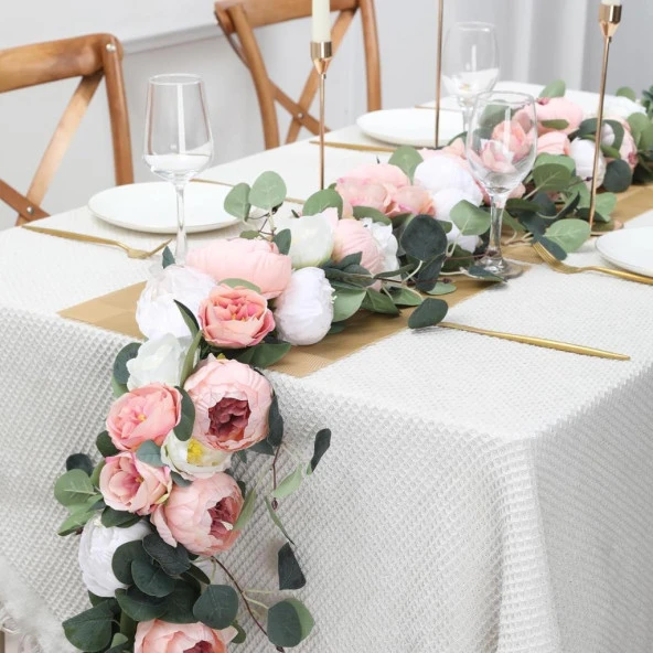 Nettenevime Yapay Çiçek Sarkan Ve Dolanan Krem Somon Pembe Şakayık Okaliptus Yapay Sarmaşık Masa Çiçeği - 4