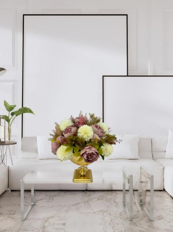 Nettenevime Yapay Çiçek Aranjmanı Büyük Boy Gülkurusu Krem Tonlar Gold Vazolu Arajman Nişan Kız İsteme Çiçeği - 2