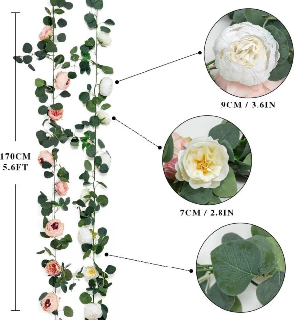 Nettenevime Yapay Çiçek Sarkan Ve Dolanan Krem Somon Pembe Şakayık Okaliptus Yapay Sarmaşık Masa Çiçeği - 8