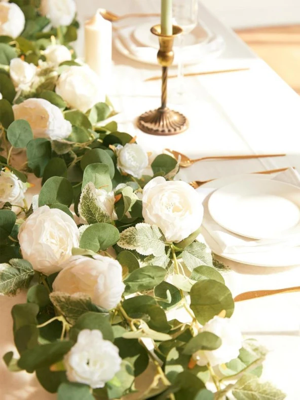 Nettenevime Yapay Çiçek Sarkan Ve Dolanan Beyaz Krem Şakayık Gül Okaliptus Yapay Sarmaşık Masa Çiçeği - Resim 7