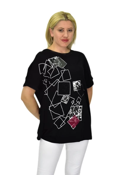 Kadın Siyah Kısa Kol Yaka Fileli Baskılı Bluz BGL-ST03790 ürün görseli