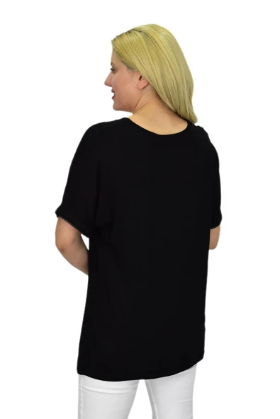 Kadın Siyah Kısa Kol Yaka Fileli Baskılı Bluz BGL-ST03790 - Resim 6