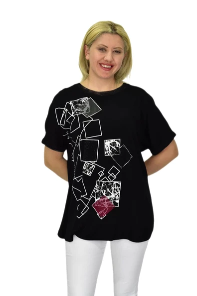 Kadın Siyah Kısa Kol Yaka Fileli Baskılı Bluz BGL-ST03790 - Resim 3