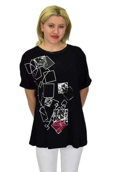 Kadın Siyah Kısa Kol Yaka Fileli Baskılı Bluz BGL-ST03790 - Resim 5