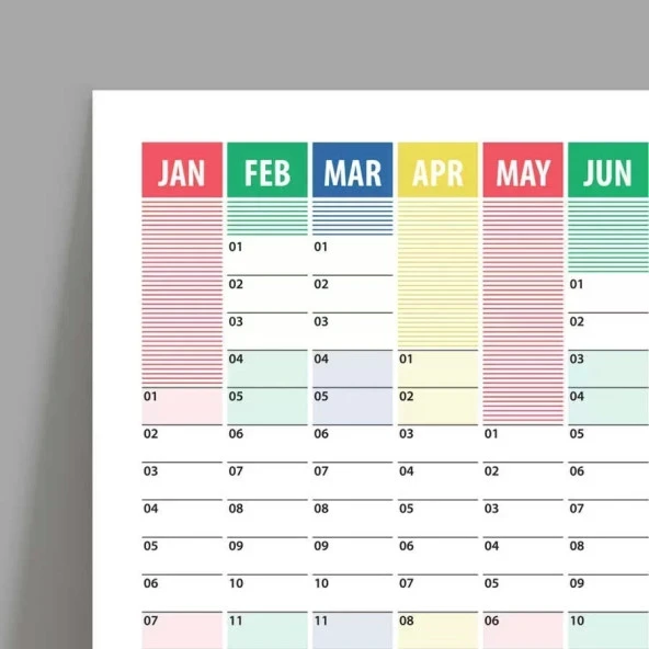 2025 Yıllık Planlayıcı Duvar Takvim Kırmızı Yeşil Mavi Çizgili Yearly Wall Planner - 3