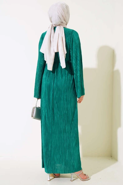 Piliseli Parlak Elbise Yeşil - Resim 3