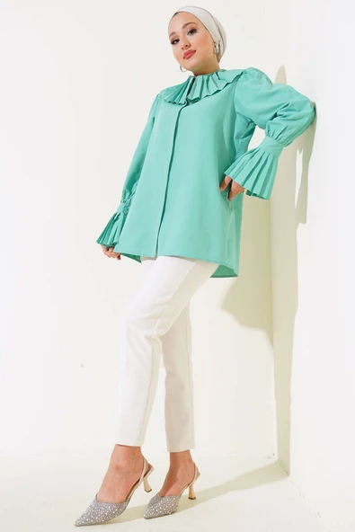 Yaka ve Manşet Piliseli Gömlek Su Yeşili - Resim 2