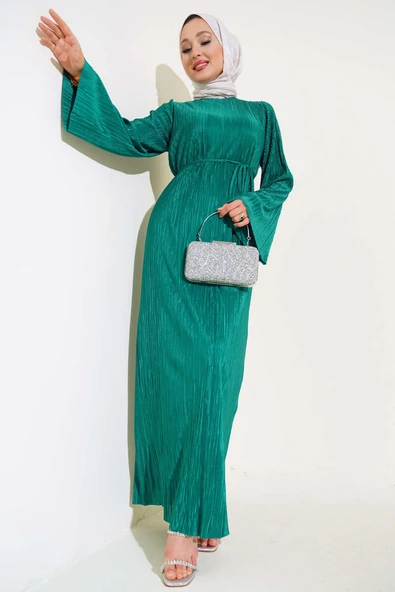 Piliseli Parlak Elbise Yeşil ürün görseli 1