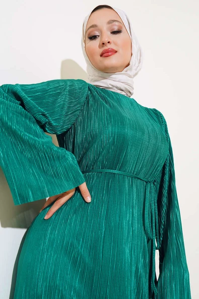 Piliseli Parlak Elbise Yeşil - Resim 2
