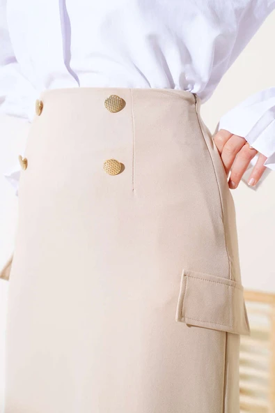 Kargo Cep Detaylı Etek Latte - 4