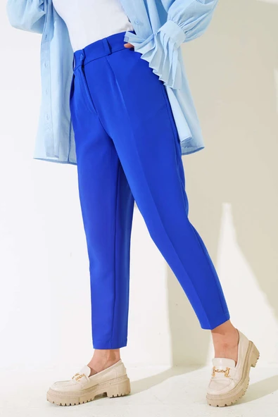 Pileli Yüksek Bel Kumaş Pantolon Saks ürün görseli 1