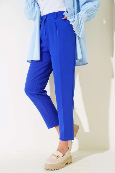 Pileli Yüksek Bel Kumaş Pantolon Saks - Resim 2