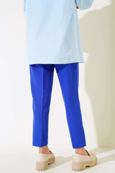 Pileli Yüksek Bel Kumaş Pantolon Saks - Resim 3