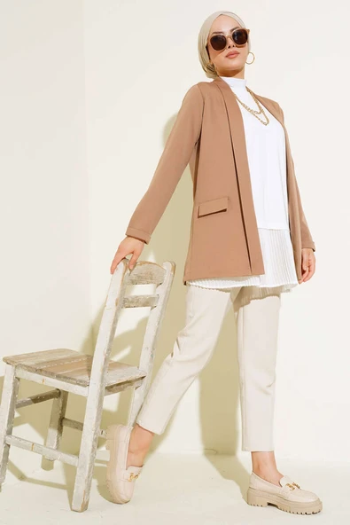 Şal Yaka Basic Ceket Camel - Resim 2