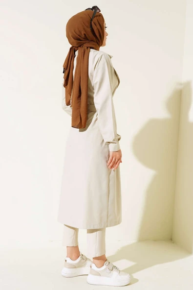 Bel Kuşaklı Düğmeli Trençkot Taş - 3