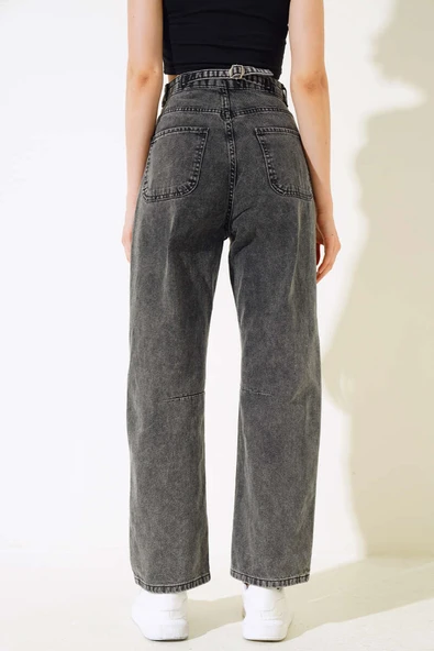 Baggy Arka Tokalı Kot Pantolon Siyah Açık Kar - Resim 3