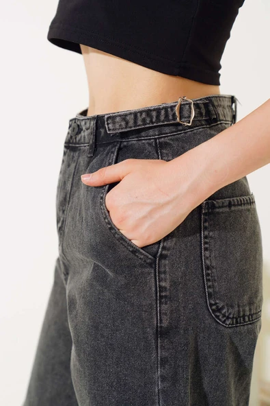 Baggy Yan Tokalı Kot Pantolon Siyah Orta Kar - Resim 4