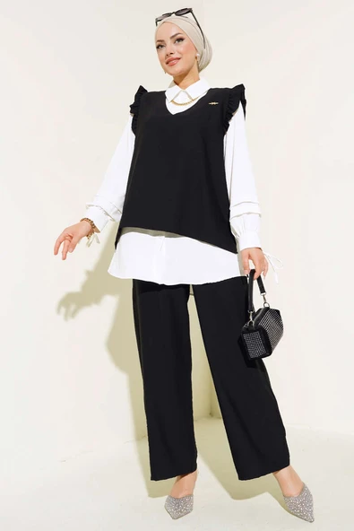 Fırfır Detaylı Üçlü Takım Siyah ürün görseli 1