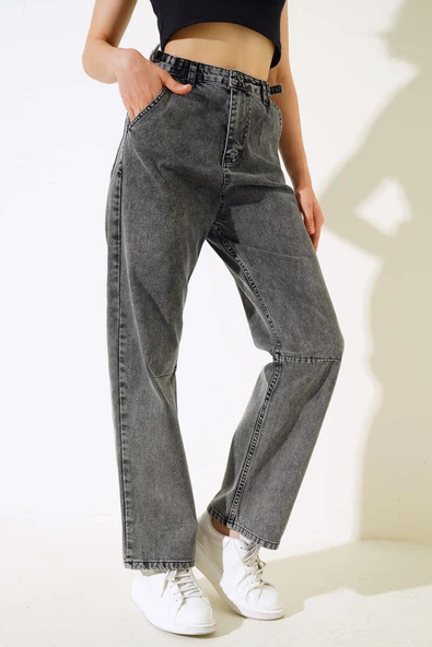 Baggy Yan Tokalı Kot Pantolon Siyah Açık Kar ürün görseli 1