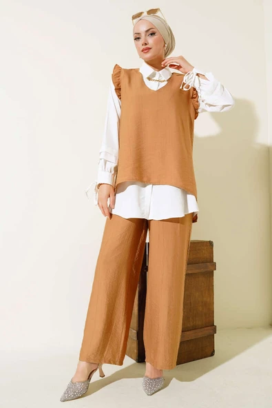 Fırfır Detaylı Üçlü Takım Camel - Resim 2