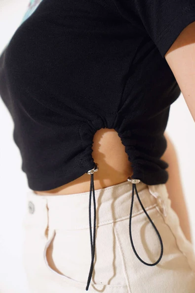 Yandan Lastik Büzgülü T-shirt Siyah - Resim 4