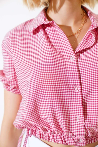 Bel Lastikli Ekoseli Crop Fuşya - Resim 4