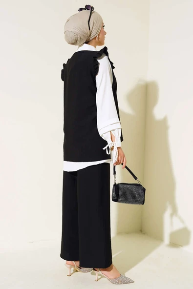 Fırfır Detaylı Üçlü Takım Siyah - Resim 3