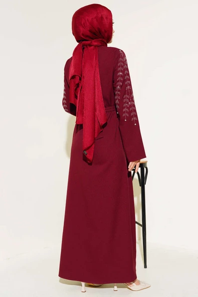 Kolu Taş Süslemeli Ferace Bordo - 3