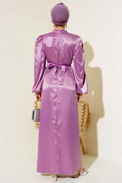 Balon Kol Kuşaklı Saten Elbise Lila - Resim 3