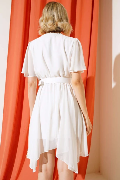 Asimetrik Kesim Kemerli Elbise Ekru - Resim 3