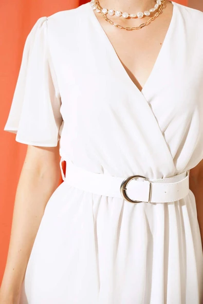 Asimetrik Kesim Kemerli Elbise Ekru - Resim 4