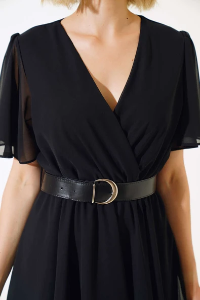 Asimetrik Kesim Kemerli Elbise Siyah - Resim 4