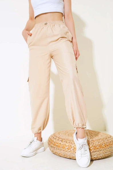 Paça Lastikli Kargo Cep Pantolon Bej - Resim 2