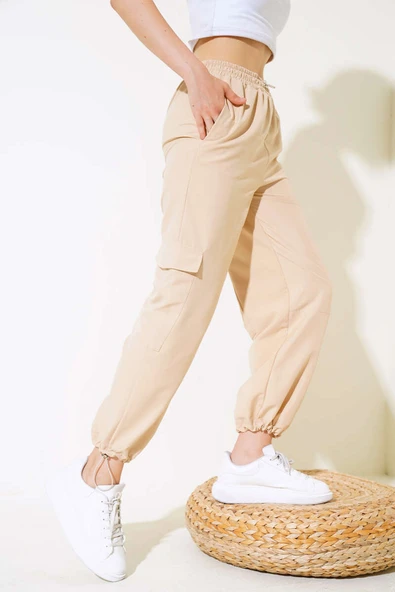 Paça Lastikli Kargo Cep Pantolon Bej - Resim 1