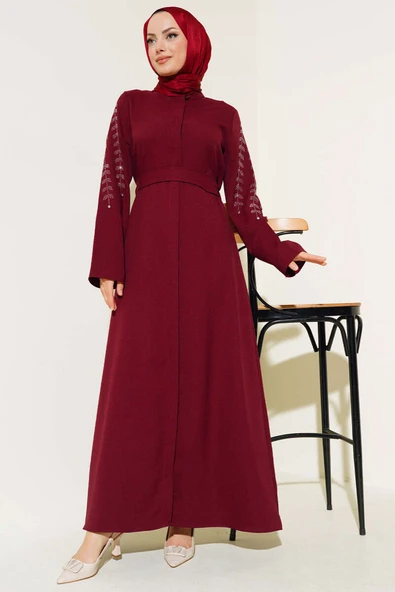 Kolu Taş Süslemeli Ferace Bordo - 2