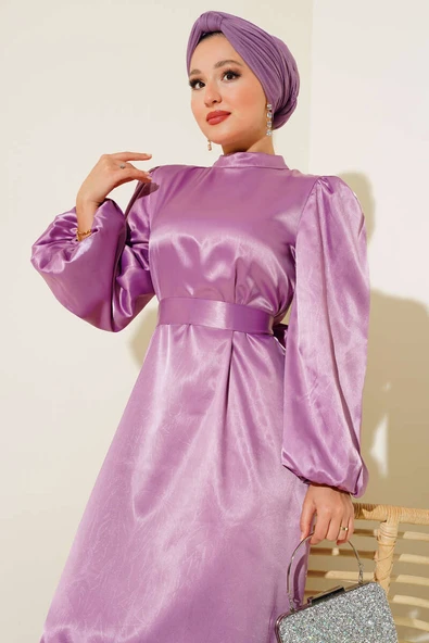 Balon Kol Kuşaklı Saten Elbise Lila ürün görseli 1