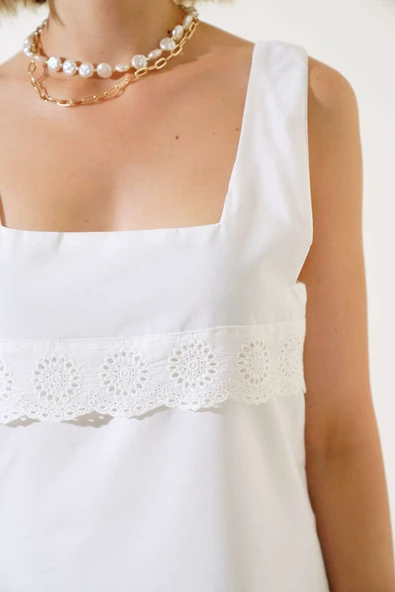 Kare Yaka Güpürlü Elbise Ekru - Resim 4