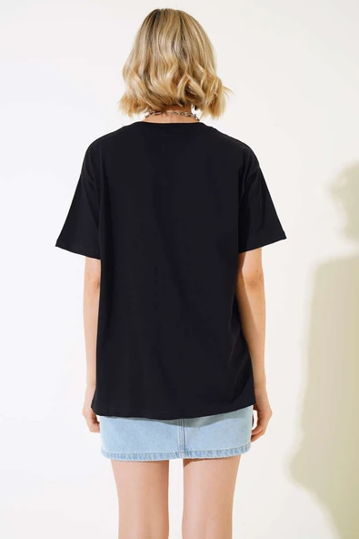 Baskılı Yan Yırtmaçlı T-shirt Siyah - Resim 3