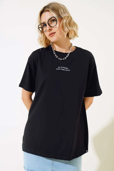 Baskılı Yan Yırtmaçlı T-shirt Siyah - Resim 2