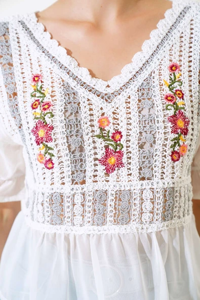 Nakışlı Şifon Bluz Gri - Resim 4