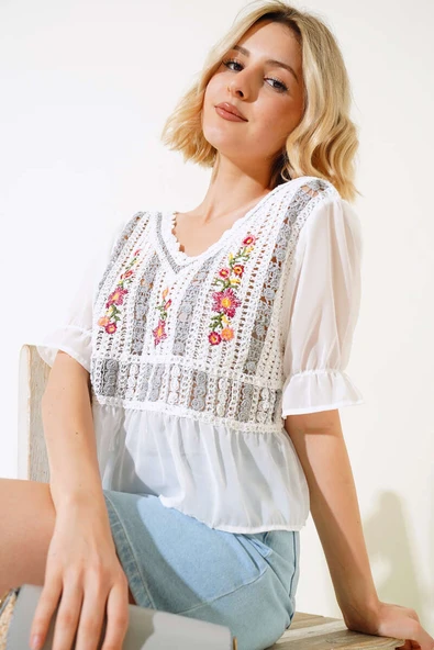 Nakışlı Şifon Bluz Gri ürün görseli 1