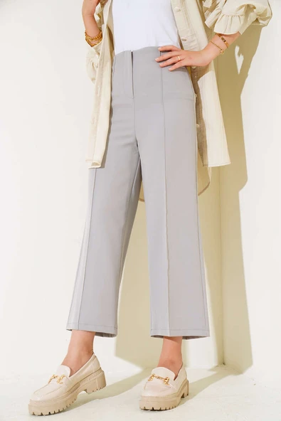 Önü Çımalı Pantolon Gri