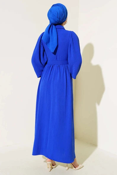 Balon Kol Gömlek Yaka Elbise Mavi - 3