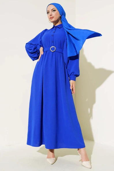 Balon Kol Gömlek Yaka Elbise Mavi