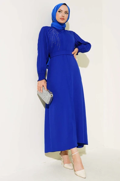 Kol Piliseli Taşlı Ferace Saks