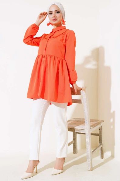 Önü Dantelli Gömlek Oranj - 2