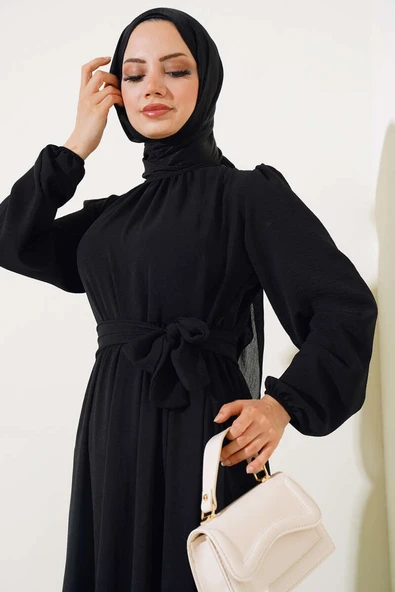 Büzgülü Ayrobin Elbise Siyah - 2