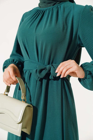 Büzgülü Ayrobin Elbise Zümrüt - Resim 4