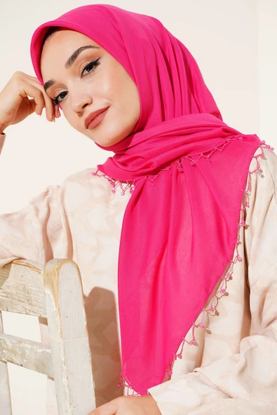 Yıldız Boncuklu Yazma Eşarp Fuşya